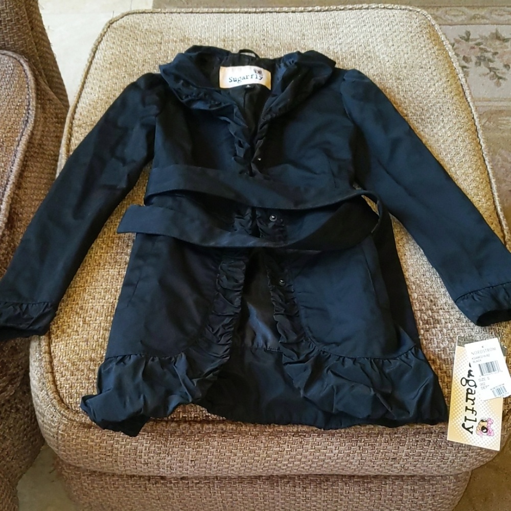 New Girls Sugarfly Black Coat w/ Snaps & Wrap Tie